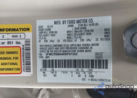 2024 Ford Bronco Sport Big Bend z USA, uszkodzony, nr VIN 3FMCR9B64RRF67202